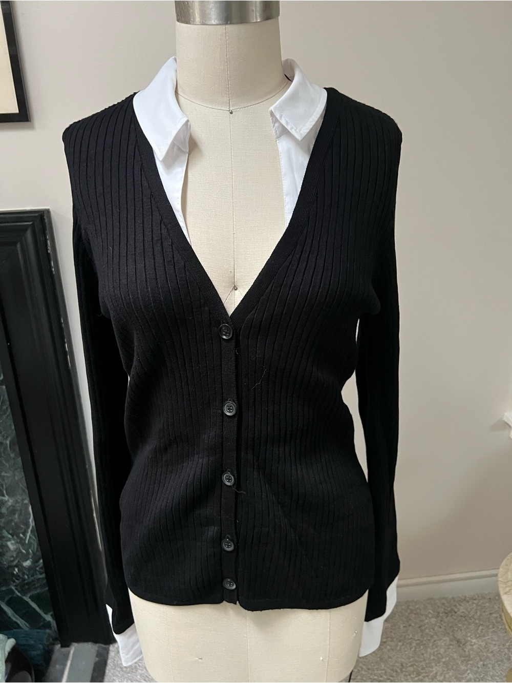 Maeve Anthropologie Black White Twofer Ribbed Cardigan Large NWOT